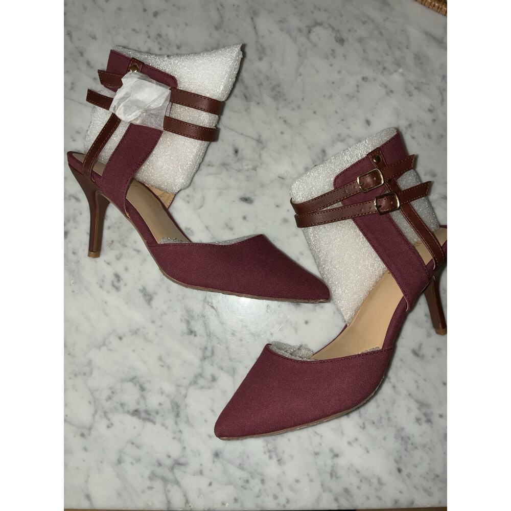 Iman High Heel Shoes Double Strap Ankle Sz 7 New Marsala Red #434569 Faux Suede